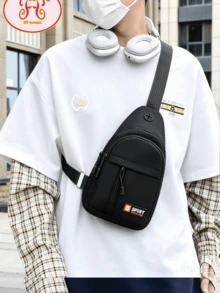 1pc Fashionable Versatile Camo Solid Color Sports Crossbody Bag, Adjustable Strap For Chest/Shoulder/Messenger Wear, Large Capacity Multi-Pocket Design, Durable Water-Resistant Fabric, Built-In Earphone Hole, Ideal For Commuting, Leisure, Outdoor Activities - Black - View 16
