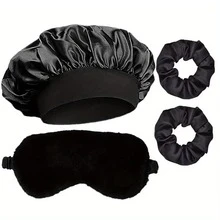 Juego de gorro de satén rosa para dormir, antifaz de felpa suave & lazos para el cabello, kit de accesorios de cuidado del cabello nocturno para mujeres - Multicolor - Ver 10