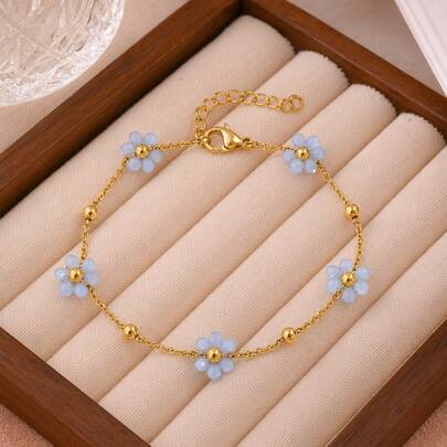 1pc Bohemian Style Blue Floral Charm Bracelet, Women's Stainless Steel Summer Jewelry, Suitable For Office, Dates, Parties, Beach Vacations And Gifts