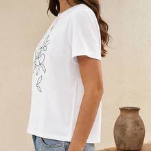 Women's T-Shirt With Linear Floral Face Print, Short-Sleeved Women's T-Shirt, Artistic Casual Blouse, Round Neck, Comfortable For Office And Everyday Wear - 白色 - 查看 2
