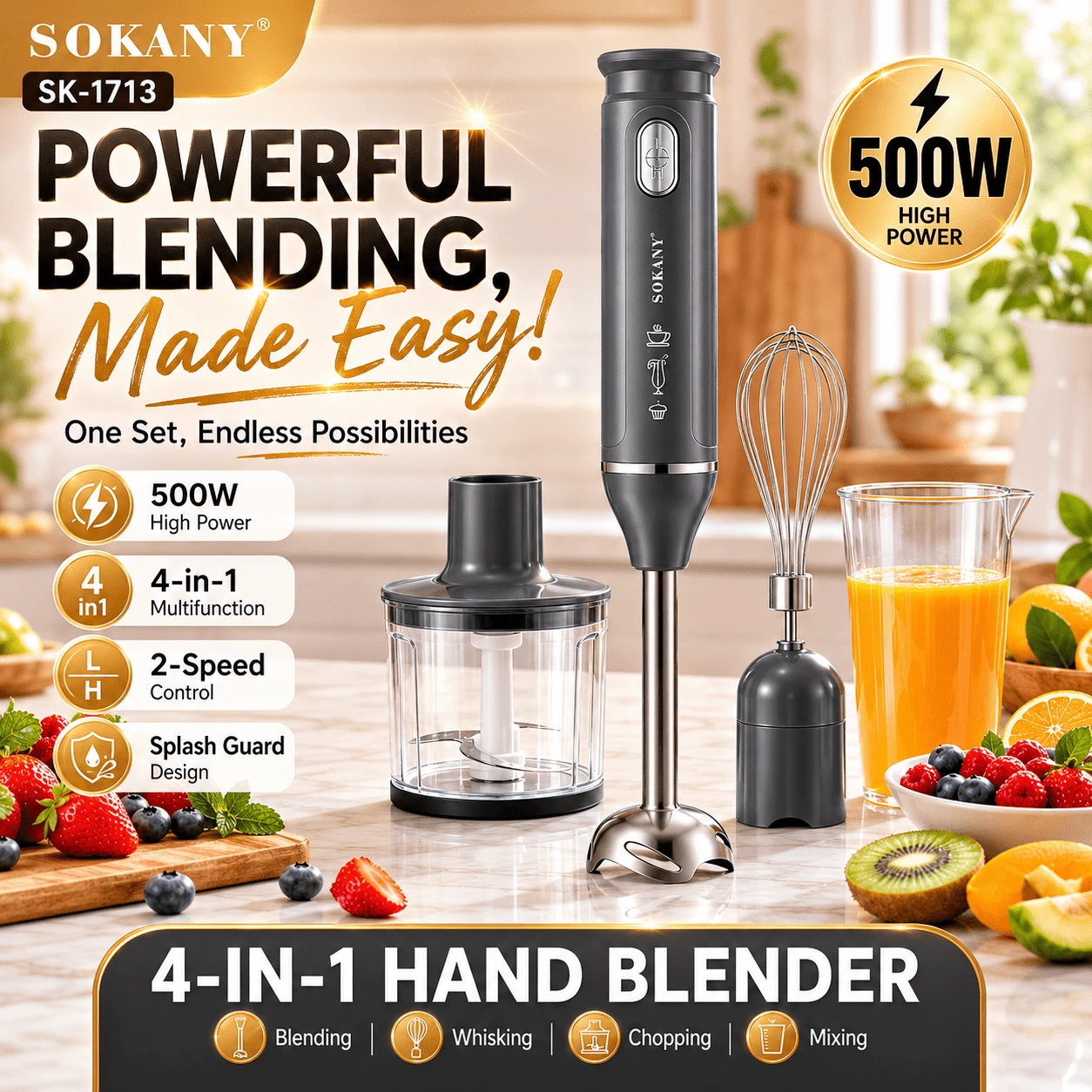 SOKANY 4-In-1 Hand Blender Set, Includes Multi-Function Blending Wand, Whisk, Chopper And Measuring Cup, Suitable For Food Processing And Baby Food Blending - EU C Type Plug(220-240V) - View 1