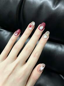 10PCS Handmade Press On Nails, Short Oval Almond Fake Nails, Nude & Red Gradient Cat Eye Nails With Star & Rhinestone Charms, Sparkly Full Cover Reusable False Nails For Women - Multicolor - View 5