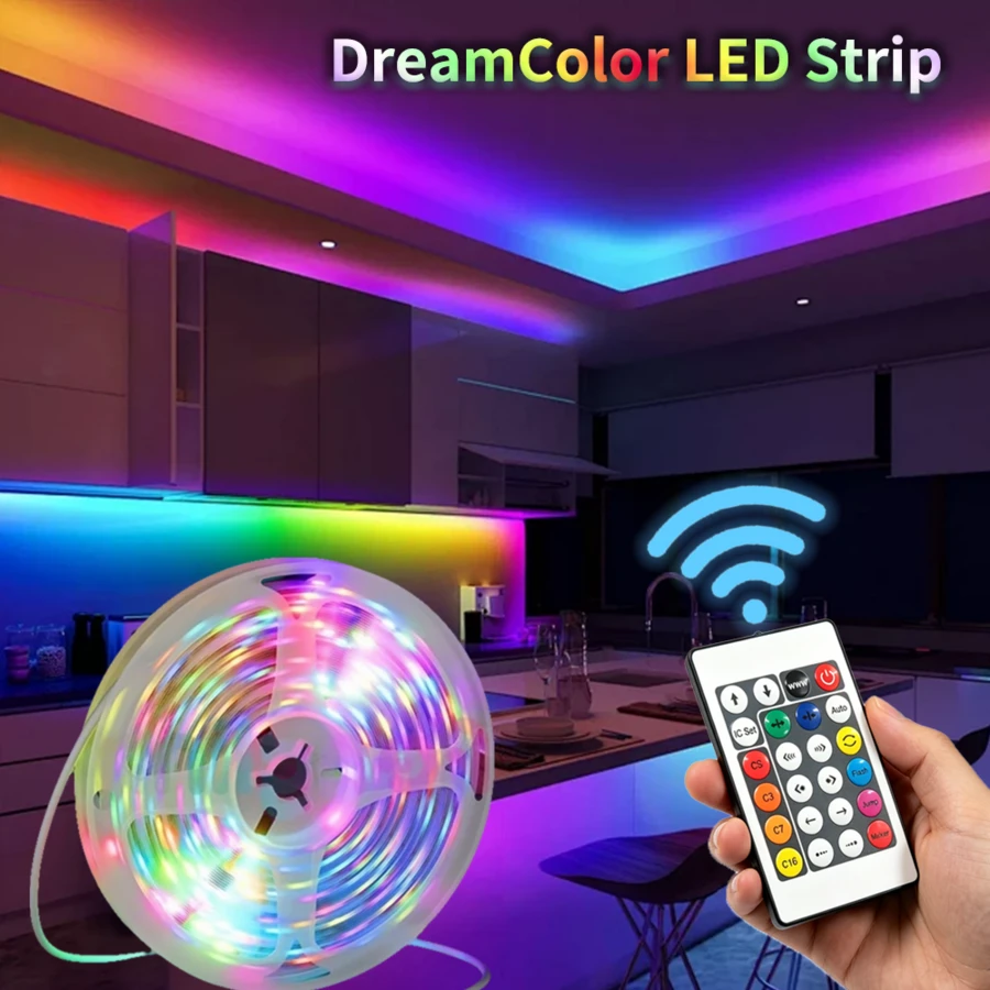 1入 智慧 RGB LED 燈條,USB 供電變色燈條,具跑馬燈與流水動態效果,自黏式燈條,鮮豔流動色彩燈光,適合臥室氛圍、電競房佈置、居家裝飾與派對飾品 - 24-Key 5050 Dream Color - 查看 1