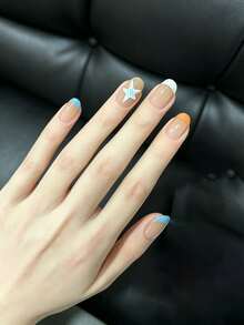 10PCS Handmade Press On Nails, Short Square Nude French Fake Nails With Multicolor Tips, Star & Polka Dot Design, Glossy Reusable False Nails For Women - Multicolor - View 3