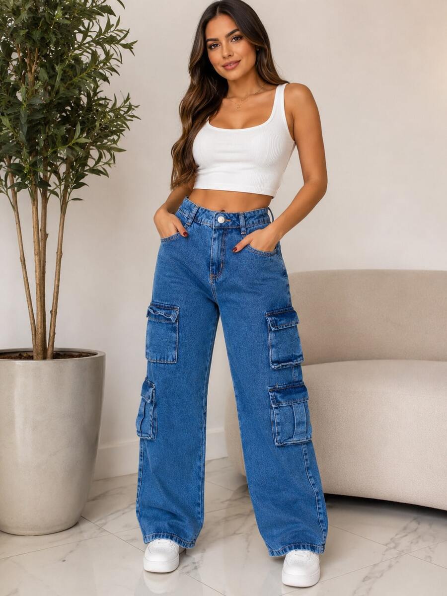 Women's Wide Leg Cargo Jeans With 4 Pockets, High Waist, Casual Fashion, New Arrivals - 中等水洗藍 - 查看 1