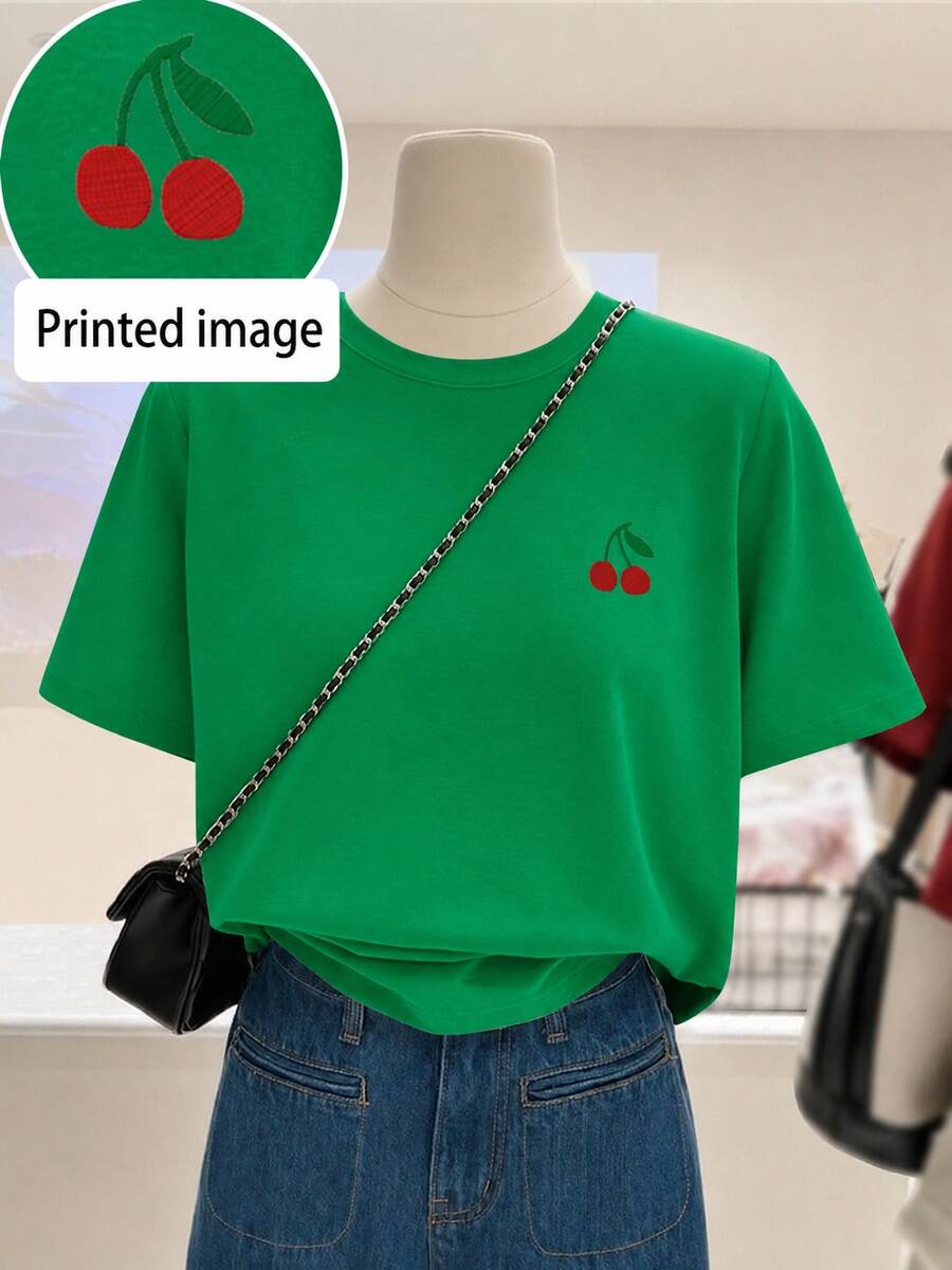 Attractive CHERRY Style Round Neck T-Shirt To Shine. - 綠色 - 查看 1