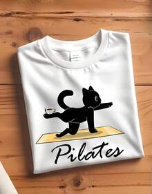 Stylish Pilates Kitten T-Shirt For Women, 100% Cotton, White Shirt - On - 白色 - 查看 1