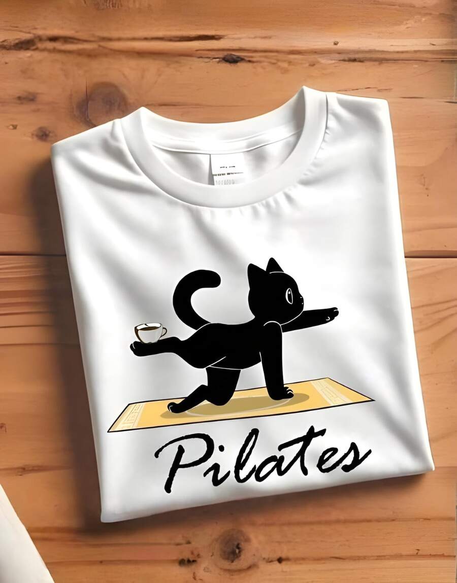 Stylish Pilates Kitten T-Shirt For Women, 100% Cotton, White Shirt - On - 白色 - 查看 1