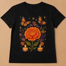 Playera para mujer cempasúchil y mariposas, camiseta estampada manga corta, blusa casual de algodón, cuello redondo para fiesta y uso diario - Negro - Ver 4