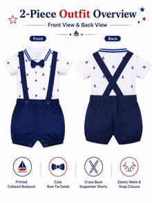 H HIBOBI 2pcs/Set Baby Boy Sailboat Printed Short Sleeve Romper And Dungaree Shorts Set For Spring/Summer - Royal Blue - View 2