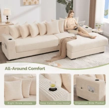 [NEW ARRIVED] [VIDEO PROVIDED] 110.75" Modular L Shaped Sofa Corduroy Fabric Sectional Couch With A Movable Footstool Cup Holders Bring 8 Throw Pillows Side Pocket Unfold Into A Bed Beige - Beige + Upholstered + Wood+Fabric + 4 Seat + Modern1 - View 3