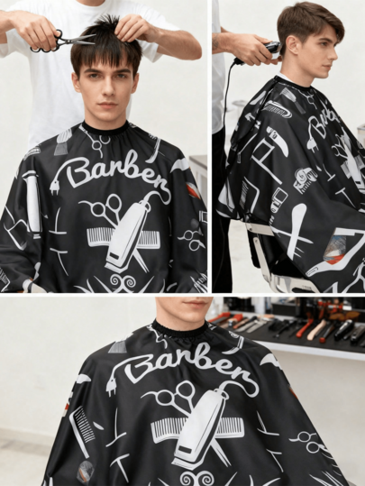 1pc Professional Large Hairdressing Cape - With Snap Closure, Scissors & Comb Pattern, Unisex Adult Black Hair Salon Cape; Men's Waterproof Hairstyle Cape