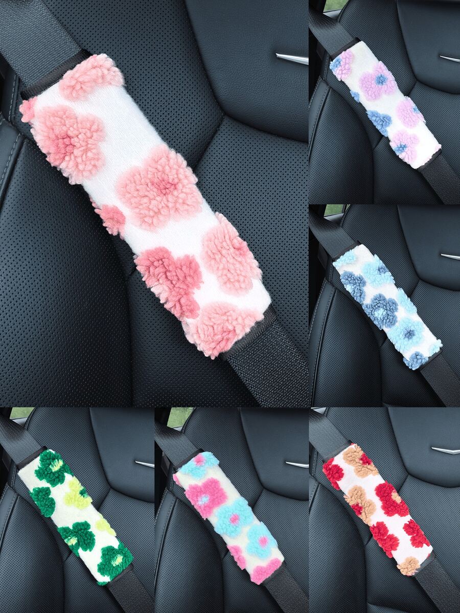 毛絨花朵汽車安全帶肩墊，柔軟透氣安全帶保護套，女性汽車配件