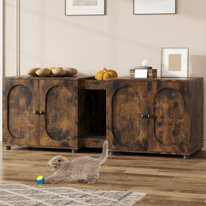 Mesa con arenero doble extragrande para 2 gatos, con compartimento oculto para el arenero y puertas de ratán, amplio espacio de almacenamiento, ventilada e impermeable, ideal para salones.