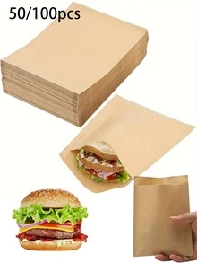 50/100个牛皮纸三明治袋，防油一次性食品袋，适用于汉堡、甜点、炸鸡等 | 防漏零食包装，适用于派对、餐饮、餐车 | 婚礼、生日 | 返校季 - 彩色 - 查看 1