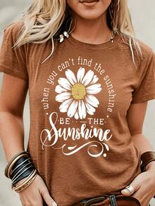 Women's Cotton Blend T Shirt  Short Sleeved Soft Loose Fit Daisy Print T Shirt With 'Be The Sunshine' Quote Lightweight Stretch Top Suitable - 摩卡棕 - 查看 8