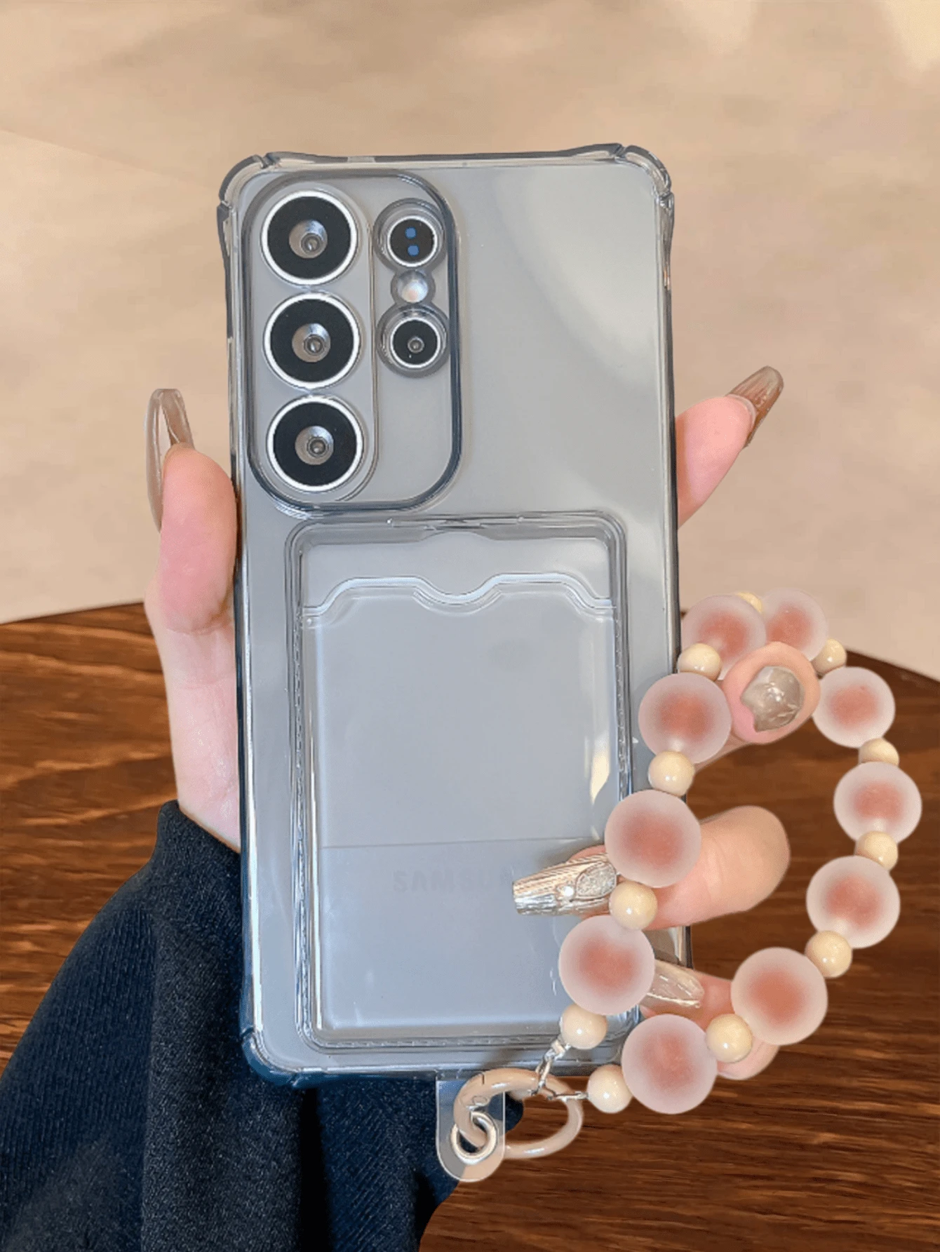 Candy Color Clear Phone Case With Beaded Hand Strap, Card Holder Protective Cover, Shockproof Bumper Compatible With Samsung S20-S25 Series, Note 14/13/12 Series, A56 5G
