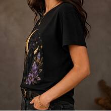 Women's T-Shirt With Cat And Moon Print, Short-Sleeved Printed T-Shirt, Casual Cotton Blouse, Round Neck For Everyday Wear, Casual Evenings, And As A Gift - 黑色 - 查看 2