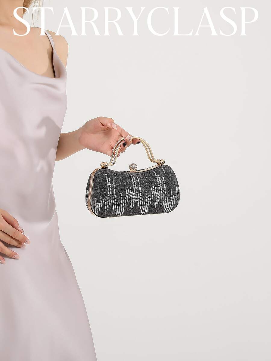 Bolso de noche de lujo estilo Ins con strass, diseño de asa de metal, detalles exquisitos de strass, tamaño pequeño, versátil para citas, fiestas y reuniones - Negro - Ver 1