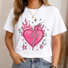 Playera mujer estampado corazón con rayo rosa, camiseta femenina manga corta, blusa casual juvenil, cuello redondo, cómoda para salida y concierto - Blanco - Ver 1