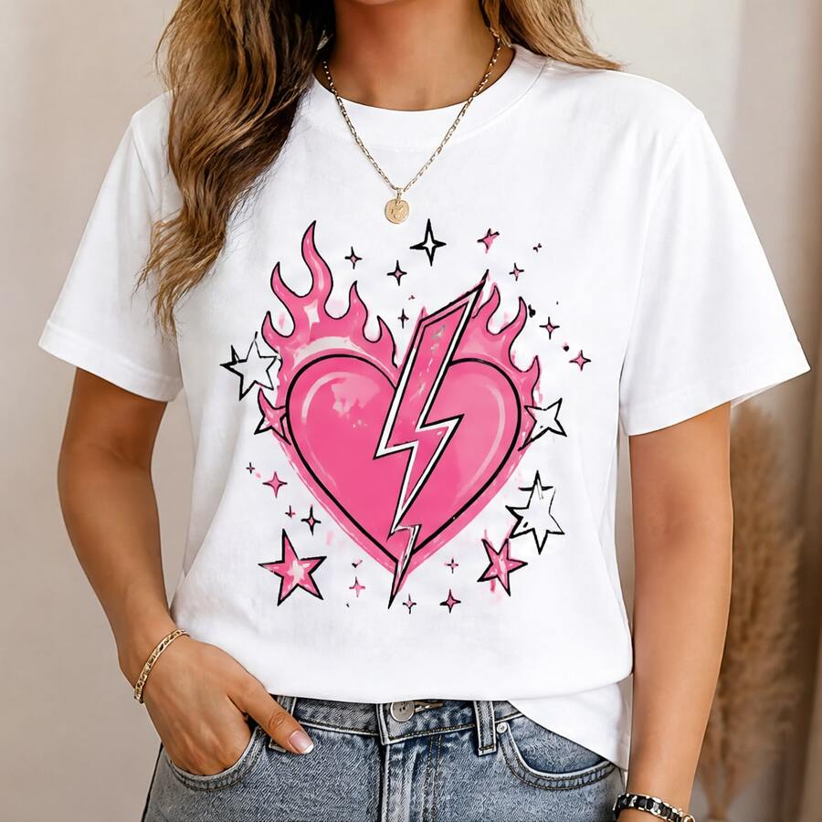 Playera mujer estampado corazón con rayo rosa, camiseta femenina manga corta, blusa casual juvenil, cuello redondo, cómoda para salida y concierto - Blanco - Ver 1