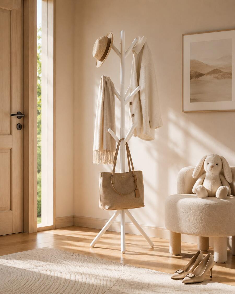 Freestanding 9-Hook Metal Stand Hangers,Sturdy And Durable, Easy To Assemble, Space-Saving,Entryway Furniture Storage Storage For Clothes, Hats, Bags, Etc Clothes Rack,Suitable For Homes, Offices, Boutiques, And Closet Organization. - trắng - Xem 1