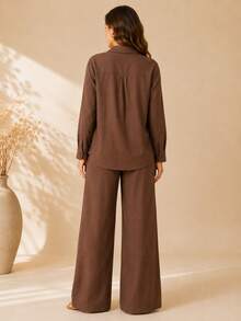 Women's Viscose Linen Set: Long-Sleeved Shirt With Buttons + Lined Wide-Leg Pants. Lightweight And Breathable Fabric. Elegant Casual Look For Work, Outings, And Everyday Wear. - 摩卡棕 - 查看 7