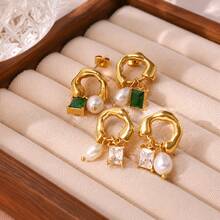 1pair Stainless Steel 18k Plated Pearl & Cubic Zirconia Earrings Suitable For Work, Party, Date - Pearl Ear-rings - View 1