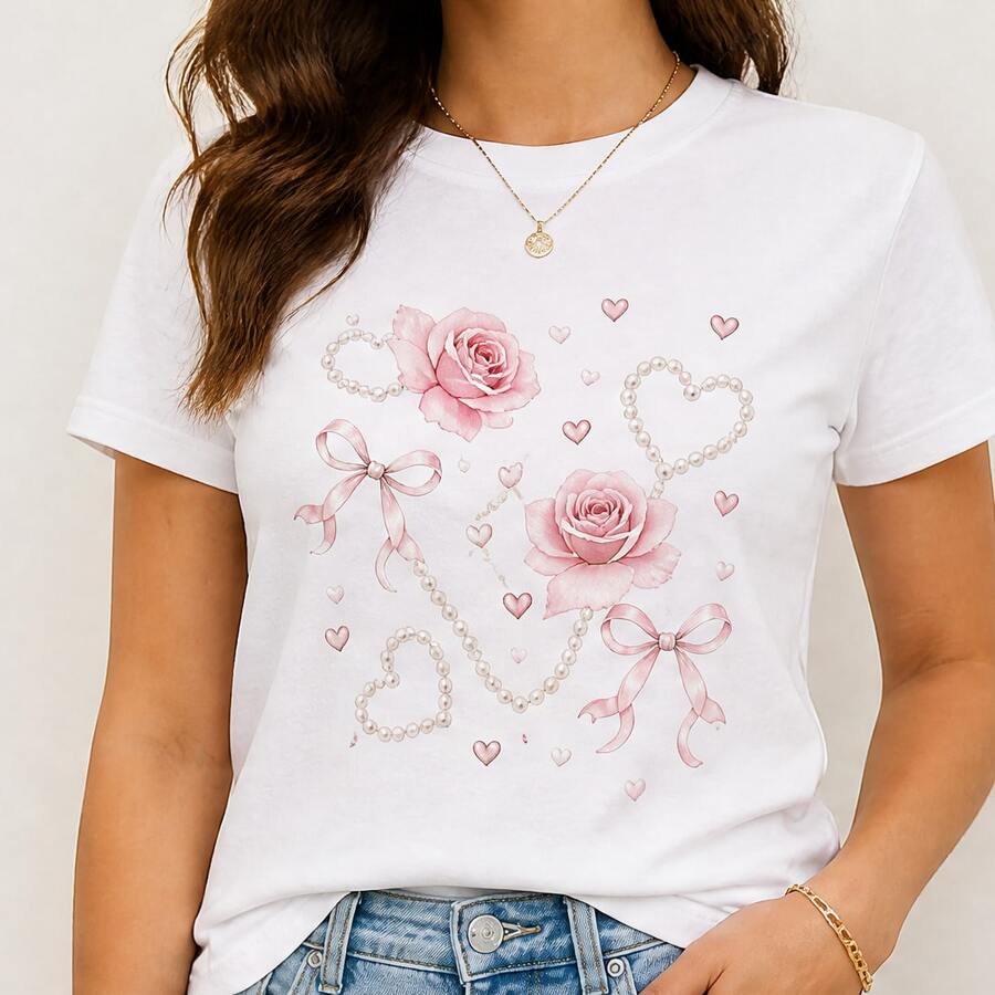 Playera para mujer con rosas y lazos, camiseta manga corta estampada, cuello redondo, casual femenina para outfit diario y ocasiones - Blanco - Ver 1
