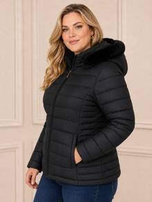 Women's Plus Size Puffer Jacket, Fleece Lined, Hood With Removable Fur, Cold Weather, Winter, Waterproof - 黑色 - 查看 9