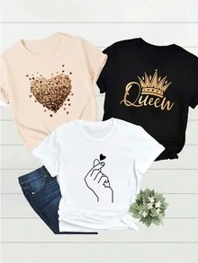 3 de camiseta suitable streetwear, Top oversized cuello redondo  concerts, hip-hop, rock, and rap events de corazón  con elementos de letras, perfecto para uso casual en primavera y verano. - Negro - Ver 1