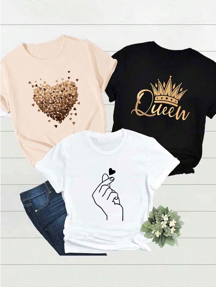 3 de camiseta suitable streetwear, Top oversized cuello redondo concerts, hip-hop, rock, and rap events de corazón con elementos de letras, perfecto para uso casual en primavera y verano. - Negro - Ver 1