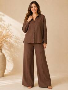 Women's Viscose Linen Set: Long-Sleeved Shirt With Buttons + Lined Wide-Leg Pants. Lightweight And Breathable Fabric. Elegant Casual Look For Work, Outings, And Everyday Wear. - 摩卡棕 - 查看 5