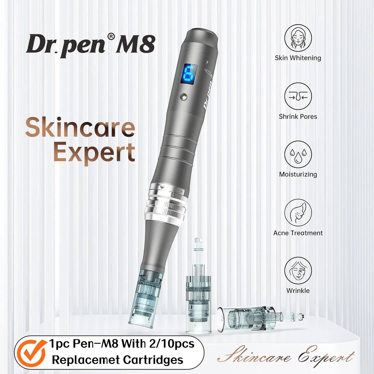 Dr.Pen M8 无线微针笔，适用于面部和身体，带数字显示屏/针头/收纳盒，男女通用，微针滚轮笔，USB充电，护肤工具套装，居家必备，打造亮泽肌肤，Dermapen微针笔，带液晶显示屏和针头的电动微针美容笔，USB充电器，电动美容笔，380mAh，升级刻度，随机版本