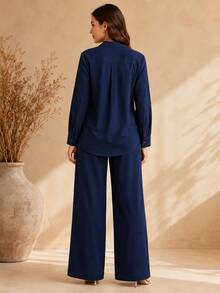 Women's Viscose Linen Set: Long-Sleeved Shirt With Buttons + Lined Wide-Leg Pants. Lightweight And Breathable Fabric. Elegant Casual Look For Work, Outings, And Everyday Wear. - 藏蓝色 - 查看 7
