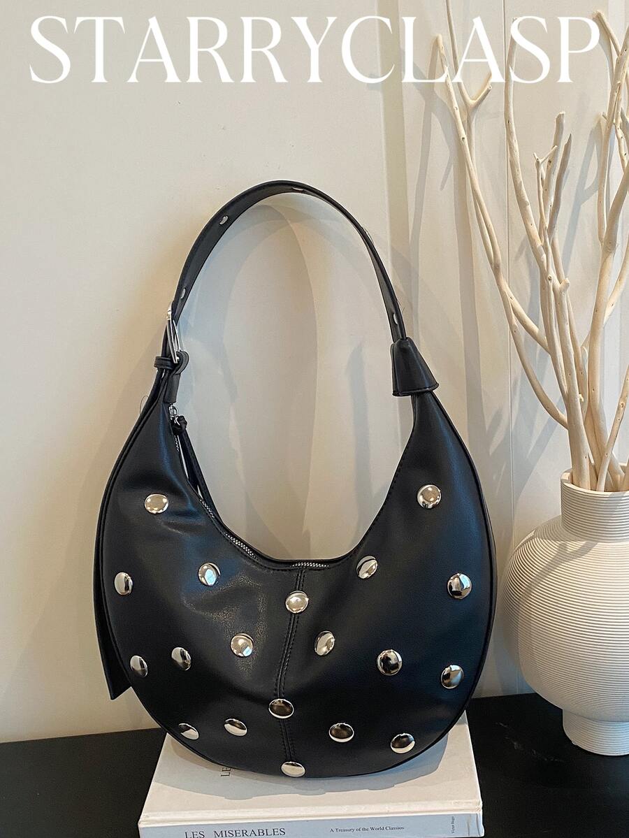 Rivet Crescent Underarm Bag, Adjustable Shoulder Strap Design, Shoulder & Crossbody Dual Use, Versatile Small Bag For Daily Commute And Dating - Black - View 1