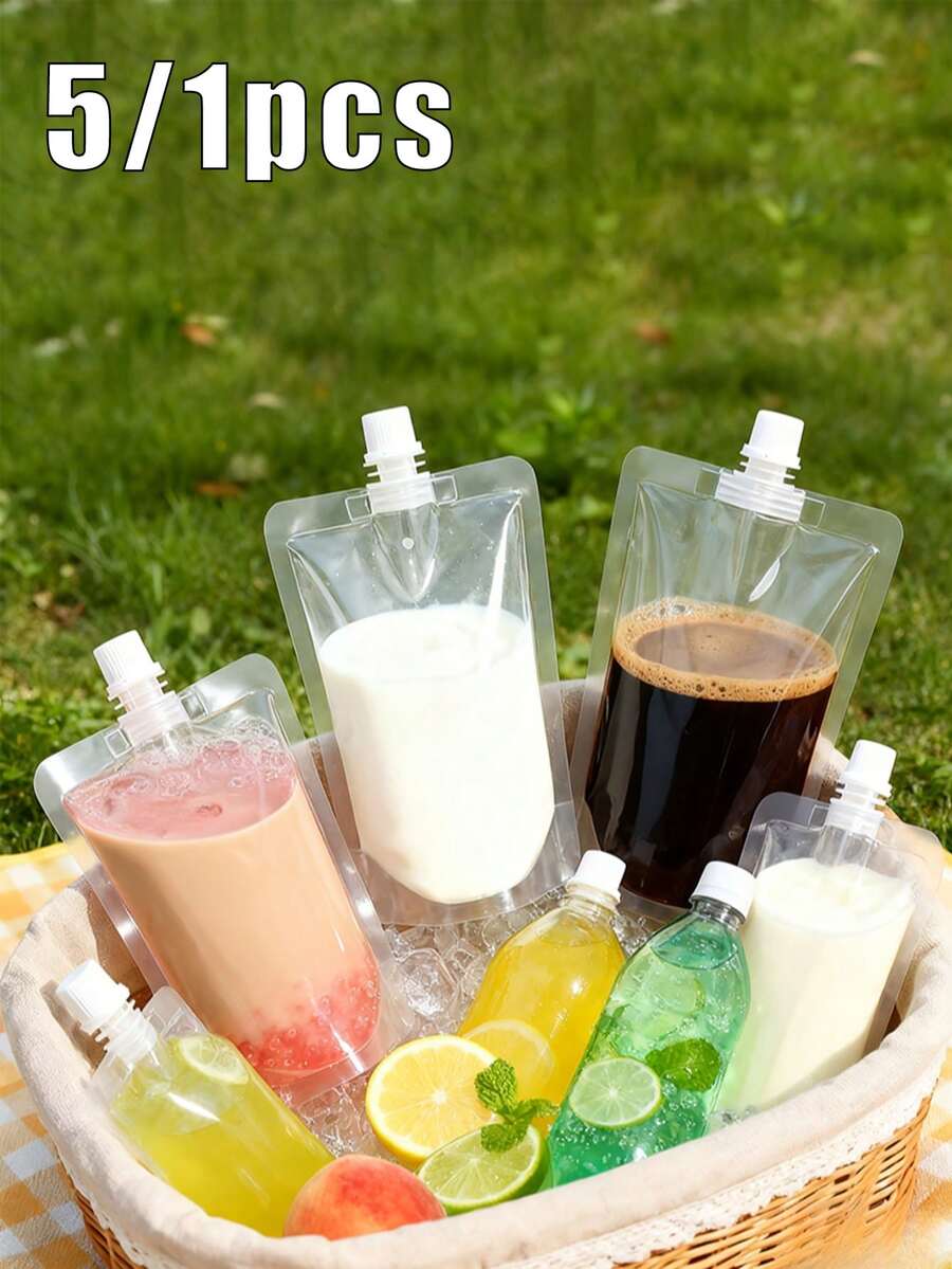 5/1 piezas Bolsas selladas con tapa de rosca y base de soporte, adecuadas para almacenamiento de jugo/puré, camping al aire libre, empaque de té, conservación de frescura portátil - Multicolor - Ver 1