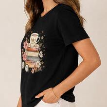 Playera mujer libros y flores, camiseta estampada de manga corta, blusa casual de algodón, cuello redondo para lectoras, escuela y uso diario - Negro - Ver 2