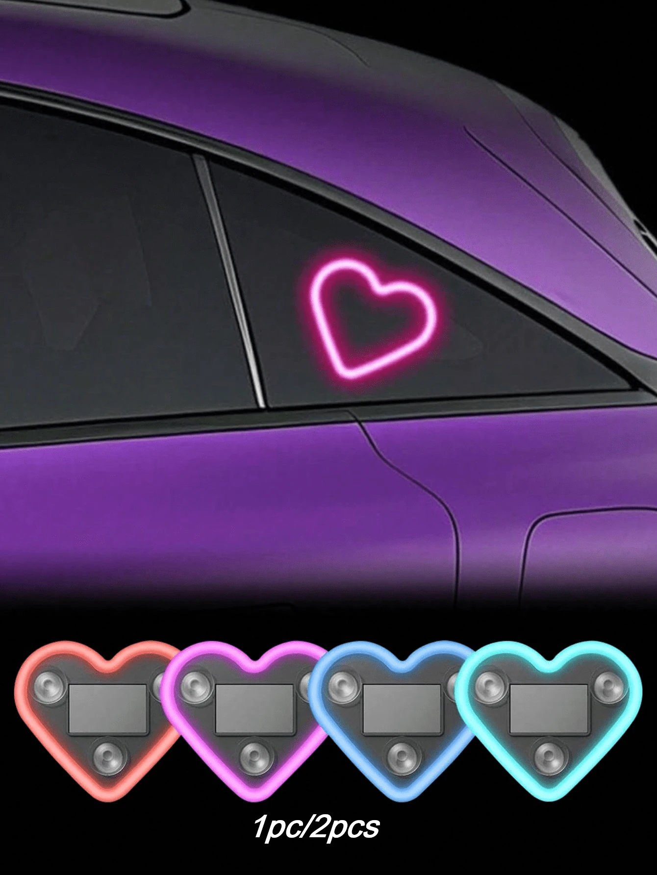 1pc/2pcs Solar Powered Heart-Shaped Neon LED Car Rear Window Wireless Atmosphere Light Decoration, Best-Selling Car LED Window Glowing Heart Atmosphere Light, Solar Powered Car Interior Neon Light USB Decoration, 3.7V+300mAh Lithium Battery - 彩色 - 查看 1