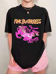 Camiseta unisex de la Pantera Rosa con diseño de dibujos animados en rosa y morado, estilo neutro y versátil. - Negro - Ver 11