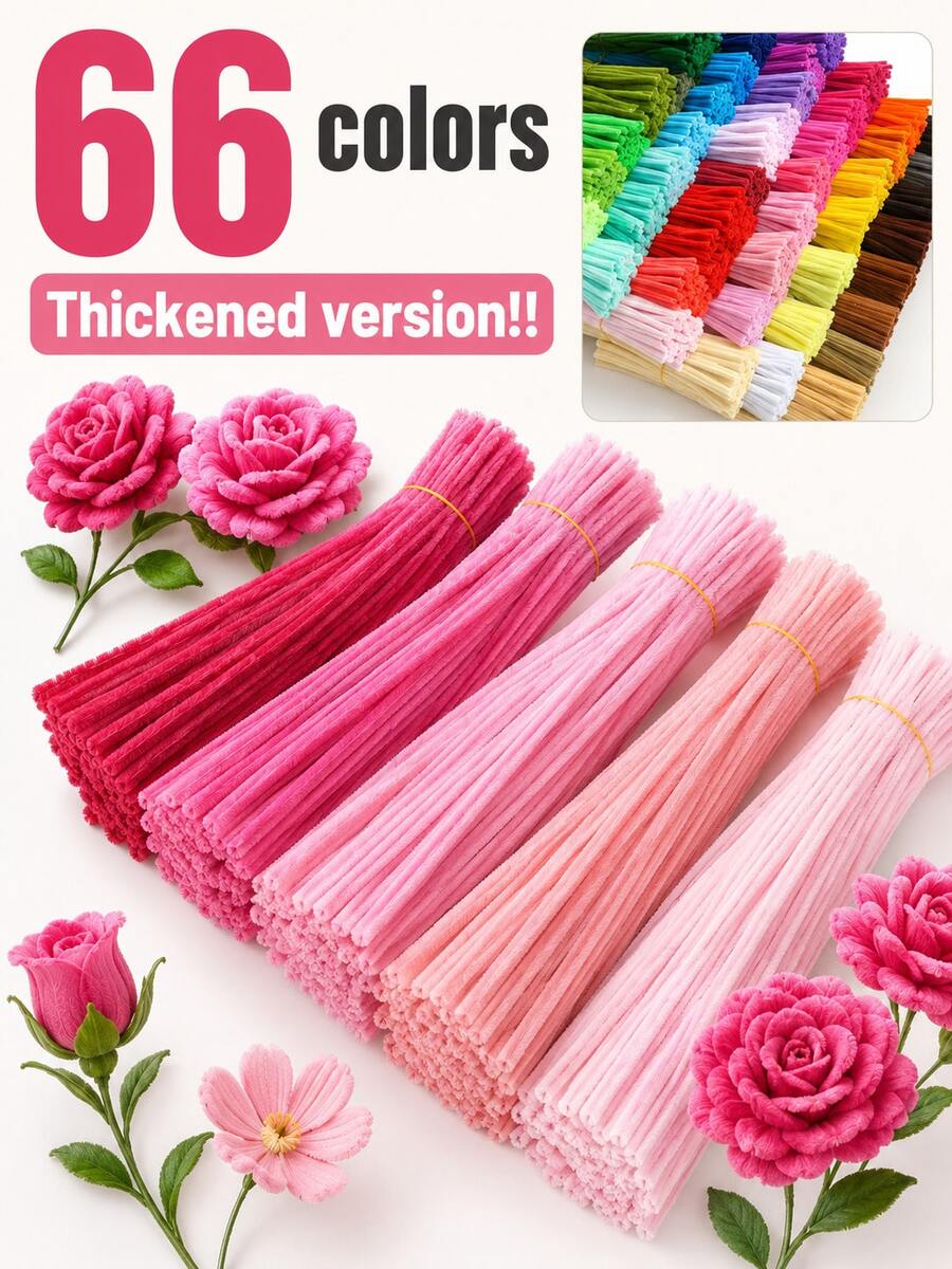 200pcs Pink Chenille Stems, Bendable Fuzzy Pipe Cleaners For Handmade Crafts, Plush Craft Sticks, Colorful DIY Art Supplies For Craft Projects, Decorations & Creative Handmade Designs - Pink - View 1