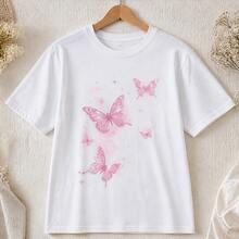 Playera mujer estampado mariposas rosas, camiseta femenina manga corta, blusa casual cuello redondo, juvenil cómoda para salida, escuela y verano - Blanco - Ver 4