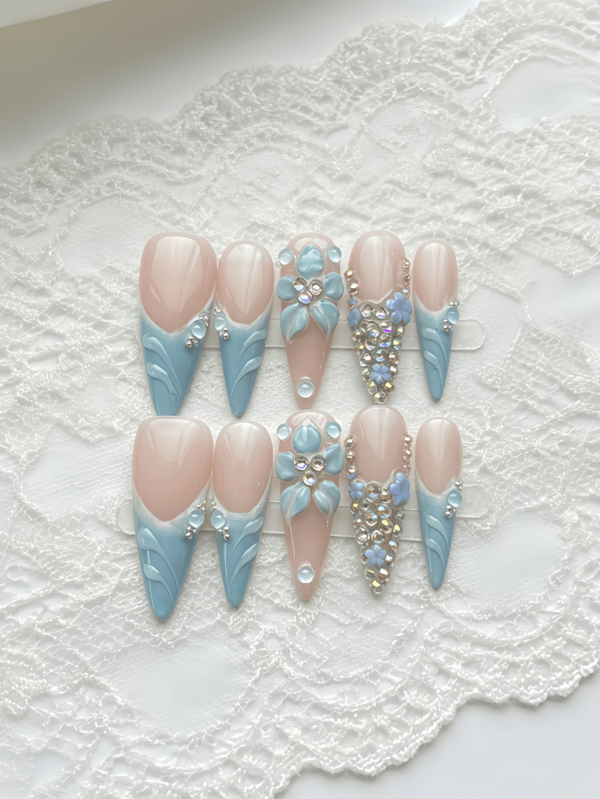 10pcs Long Almond French Tip Rhinestone Luxury 3D Flower Acrylic Press On Nails For Hands, Vacation, Vacation Outfits, Graduation, Suitable For Girls, Holiday, Wedding, Party Handmade Press On Nails