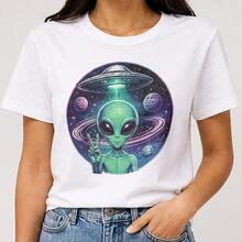 Playera mujer estampado alien y ovni, camiseta femenina manga corta, blusa casual divertida, cuello redondo, juvenil para fiesta, paseo y diario - Blanco - Ver 1