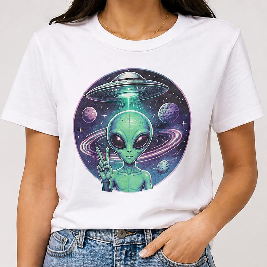 Playera mujer estampado alien y ovni, camiseta femenina manga corta, blusa casual divertida, cuello redondo, juvenil para fiesta, paseo y diario - Blanco - Ver 1