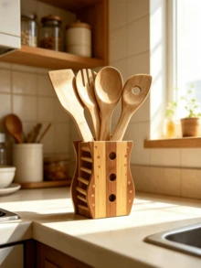 Bamboo Kitchen Utensils Set With Holder Natural Wooden Cooking Spatula Spoon Kit Kitchen Counter Storage Rack Non-Stick Cookware Kitchen Gadgets - Bamboo Wood Color - View 3