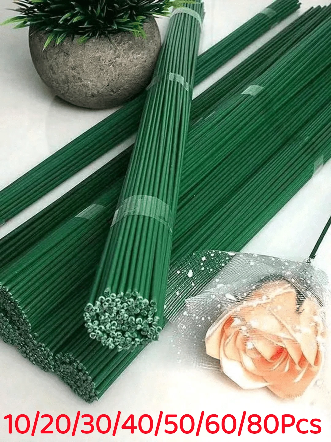 10/20/30/40/50/60/80入 綠色塗層花莖 DIY 手作花藝鐵絲 防水鐵線 適合節日裝飾與手工藝 可調節園藝支撐架 植物攀爬用 可纏繞塑形 多用途人造花莖 耐用易捲曲 各種形狀花束裝飾配件 園藝工具裝飾