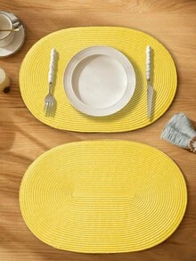 45*30cm 亮黃色橢圓形塑膠編織餐墊，4.72英吋杯墊，易清潔、防滑、耐熱，裝飾墊，防皺，適用於派對、婚禮、喬遷、聖誕節、萬聖節、感恩節、母親節 - 黃色 - 查看 8