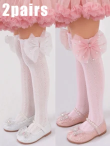 2 Pairs Girls Lace Mid-Calf Socks, Pearl Mesh Bow Long Socks, Children's Breathable Hollow Out Socks - Multicolor - View 9