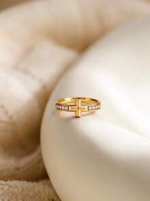 1 pieza Anillo de nudo dorado con circonita cúbica, diseño retorcido con pavé, anillo de moda apilable para mujer - Dorado - Ver 7